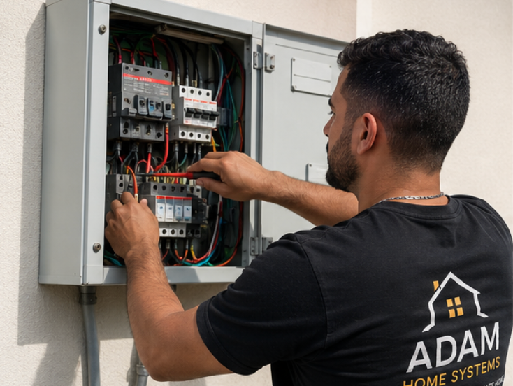 Adam Home Systems electrician working on a switchboard in Sydney