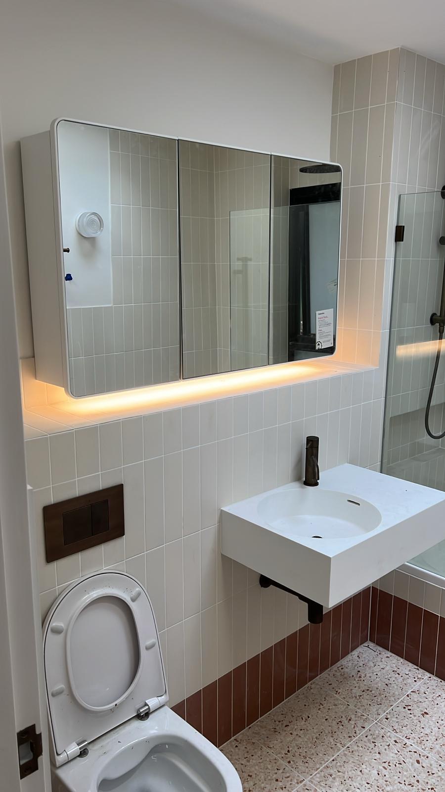 Bathroom mirror cabinet with concealed LED lighting
